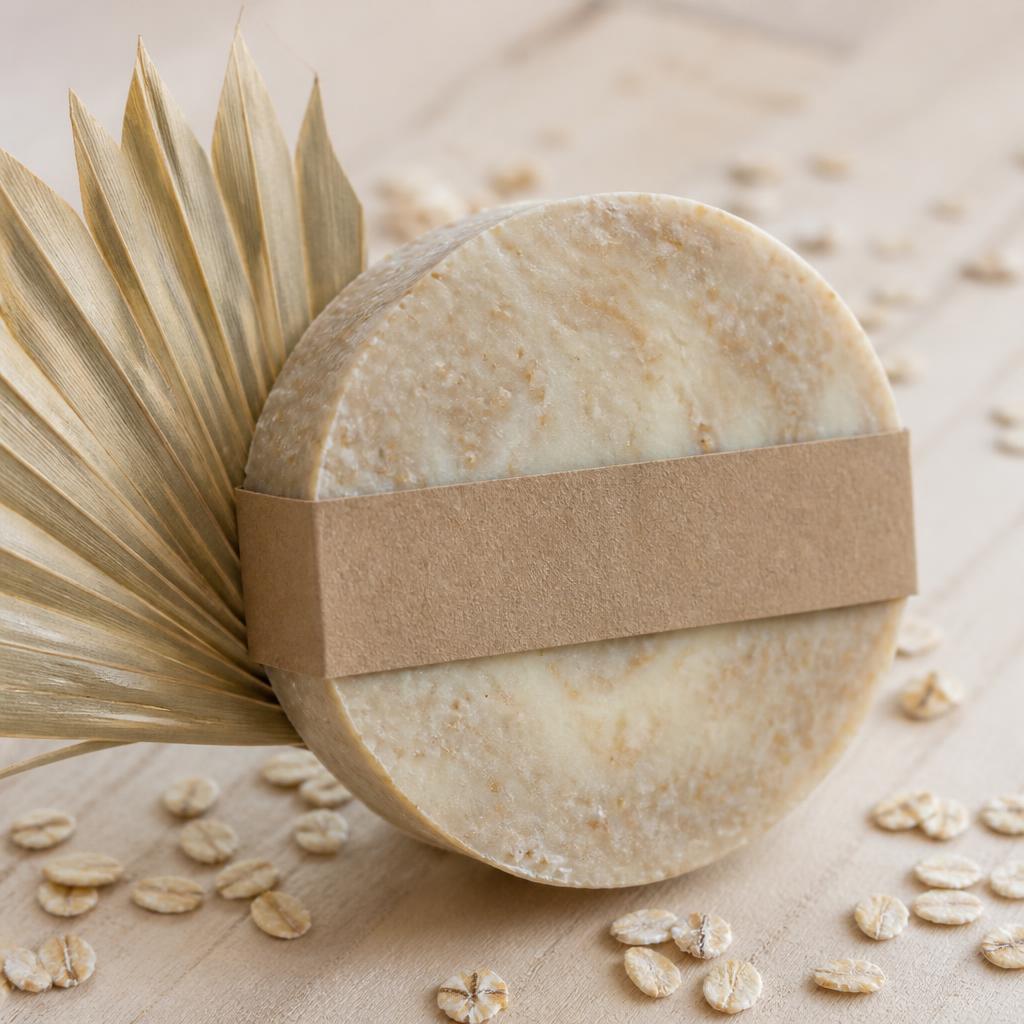 Round speckled soap with dried palm